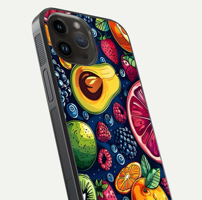 Cute Fruits Art Glass Case for iPhone 14 Pro Max close-up highlighting fruit shapes, color tones, and reflection polish