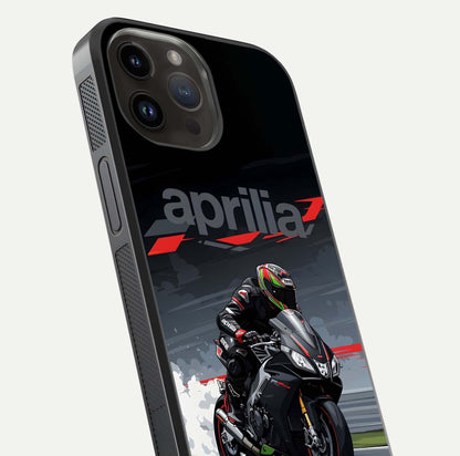 Dark Aprilla Glass Case for iPhone 14 Pro Max close-up highlighting detailing and reflection effect