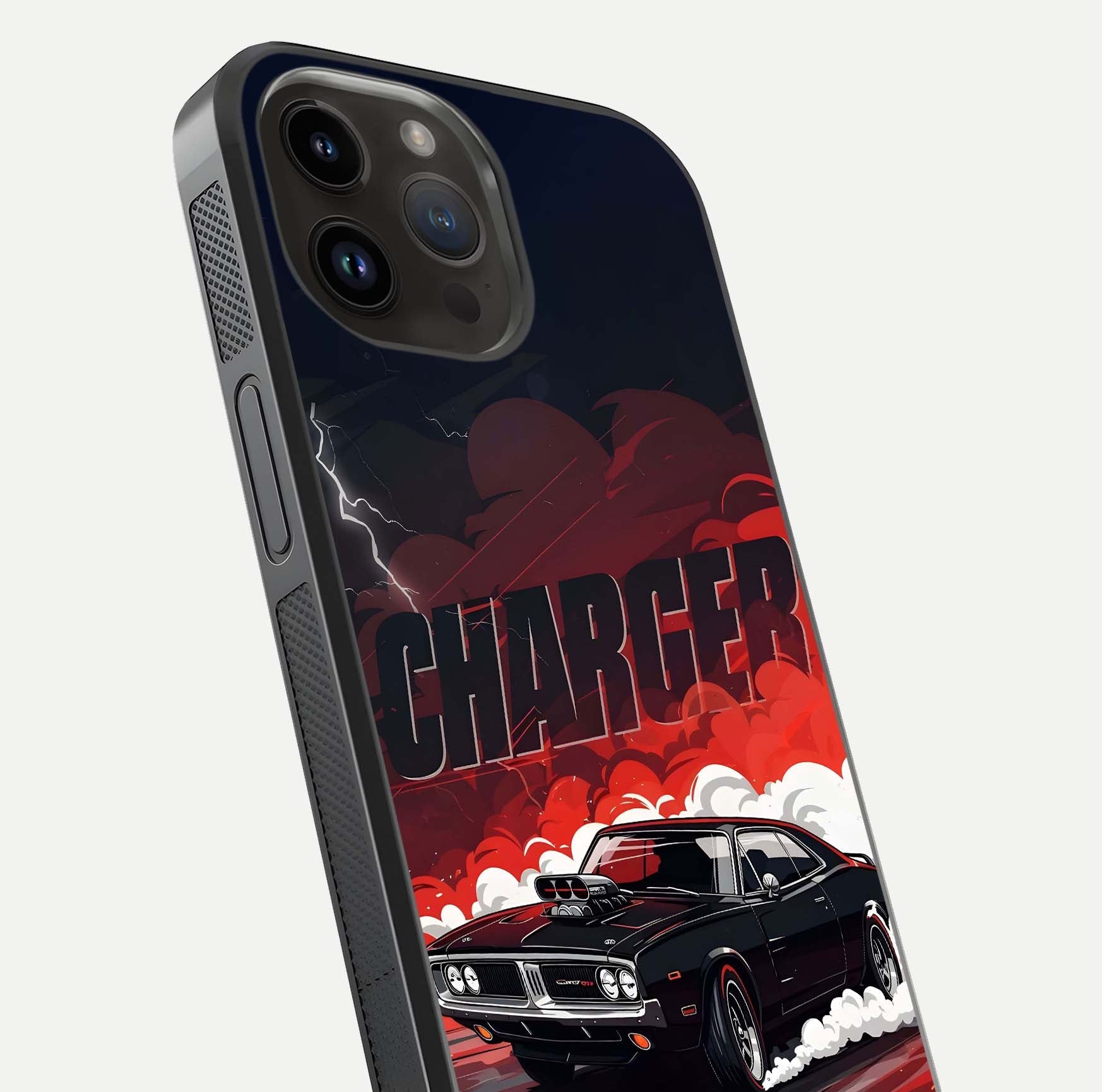 Dark Charger Fury Glass Case for iPhone 14 Pro Max close-up highlighting car reflection and light gloss