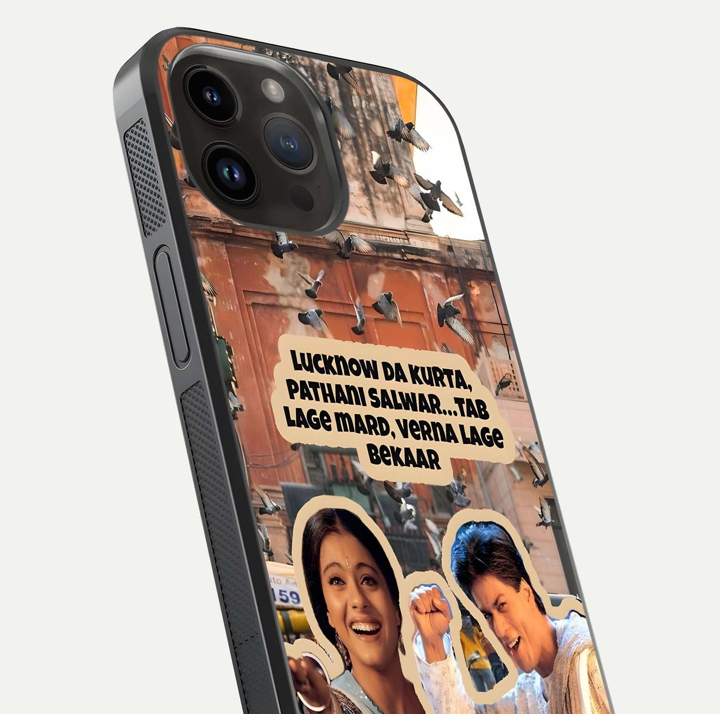 Desi Retro Vibes Glass Case for iPhone 14 Pro Max close-up highlighting retro color palette and reflection glow