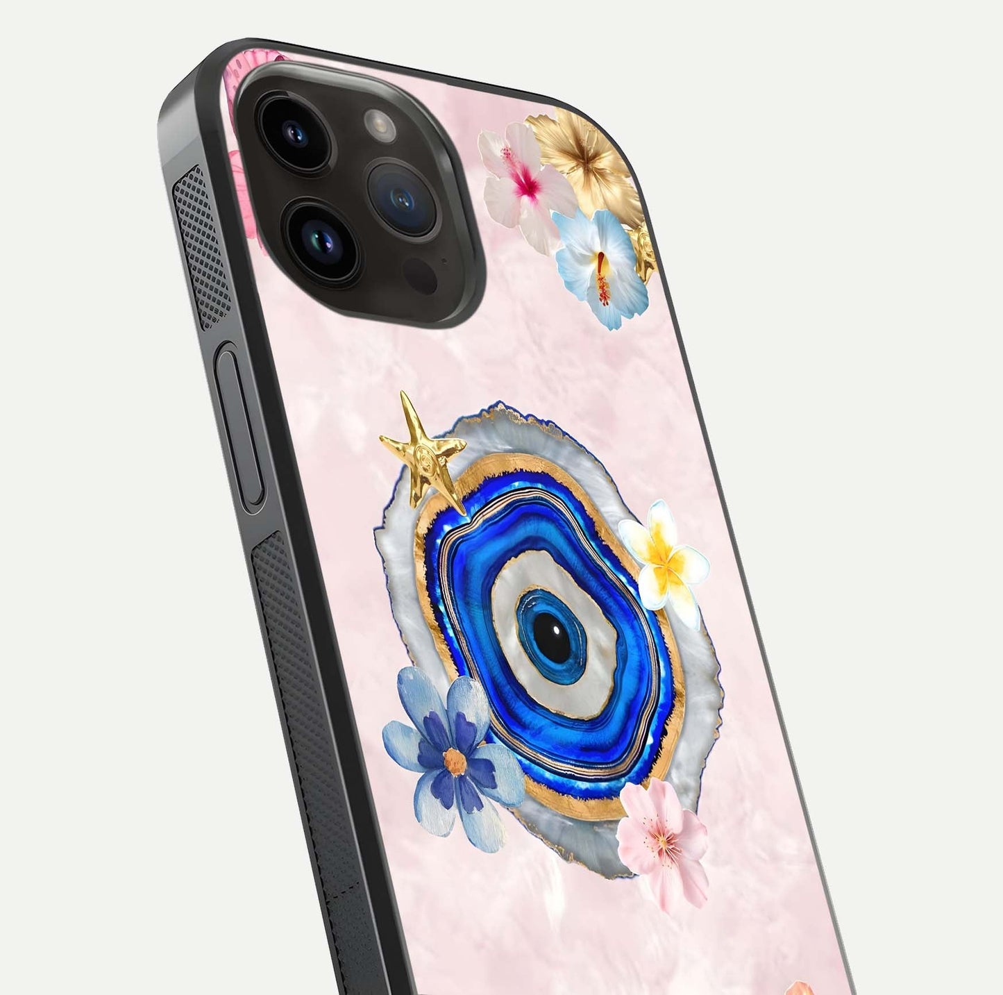 Divine Aura Bloom Glass Case for iPhone 14 Pro Max close-up highlighting flower glow and reflection tone