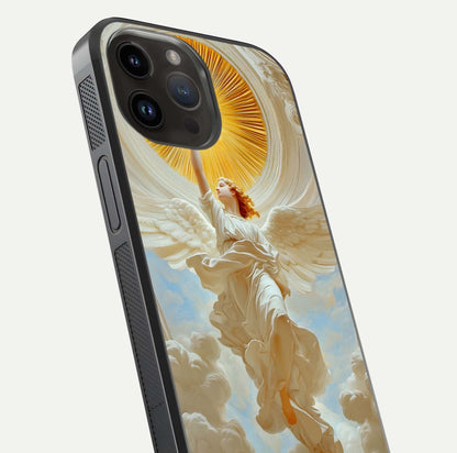 Divine Light Angel Glass Case for iPhone 14 Pro Max close-up highlighting light rays and glass reflection