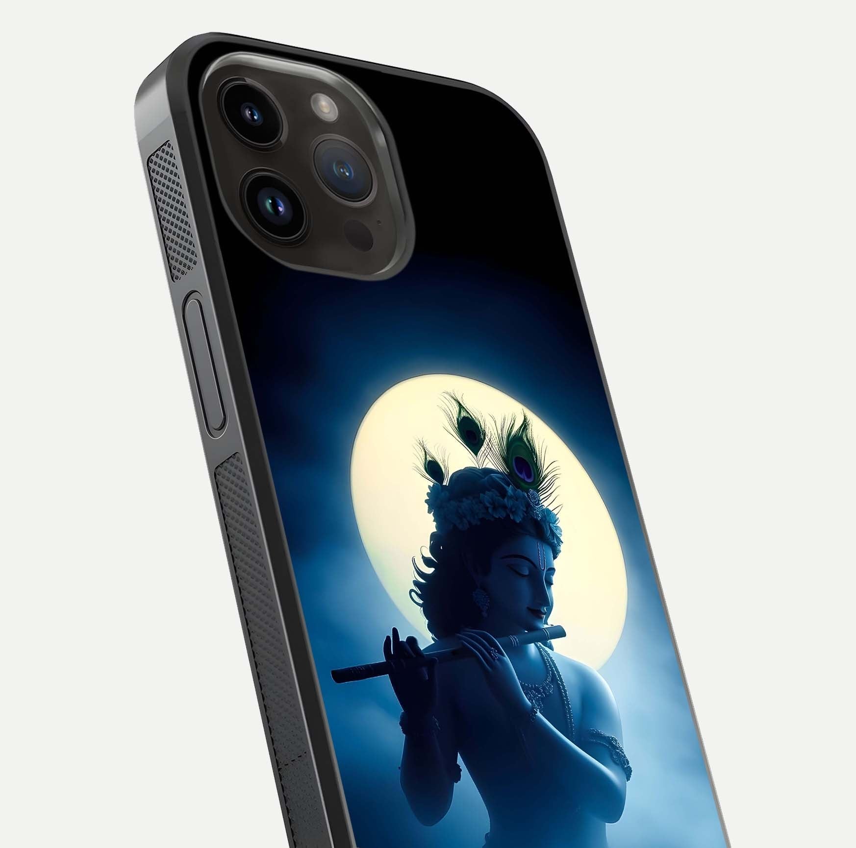 Divine Moon Flute Glass Case for iPhone 14 Pro Max close-up highlighting flute detail and reflection shine