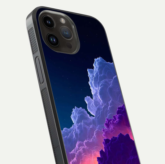 Dreamy Cloud Skies Glass Case for iPhone 14 Pro Max close-up highlighting soft gradient tones and reflection glow