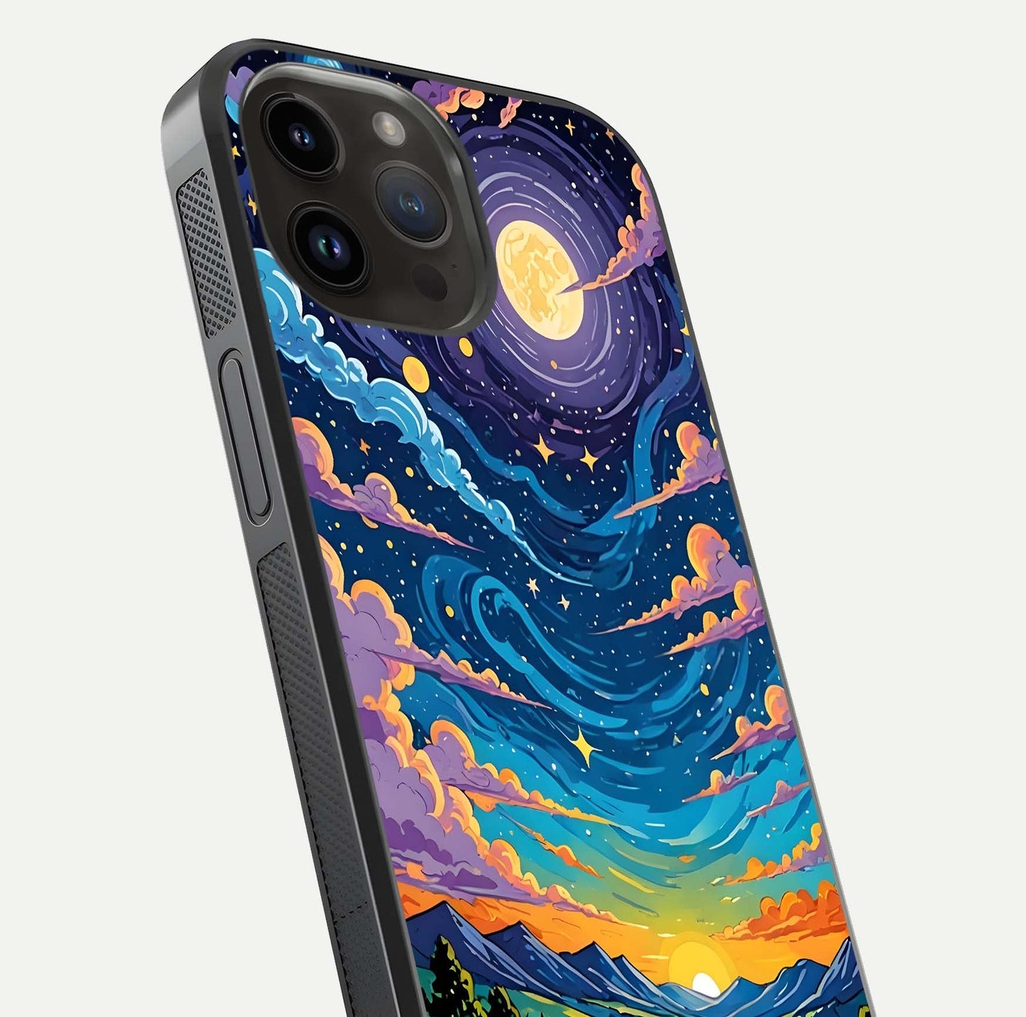 Dreamy Night Landscape Glass Case for iPhone 14 Pro Max close-up highlighting stars and reflection tone