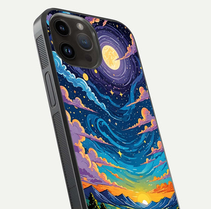 Dreamy Night Landscape Glass Case for iPhone 14 Pro Max close-up highlighting stars and reflection tone