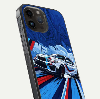 Drift Power Rush Glass Case for iPhone 14 Pro Max close-up highlighting car reflection and metallic tones