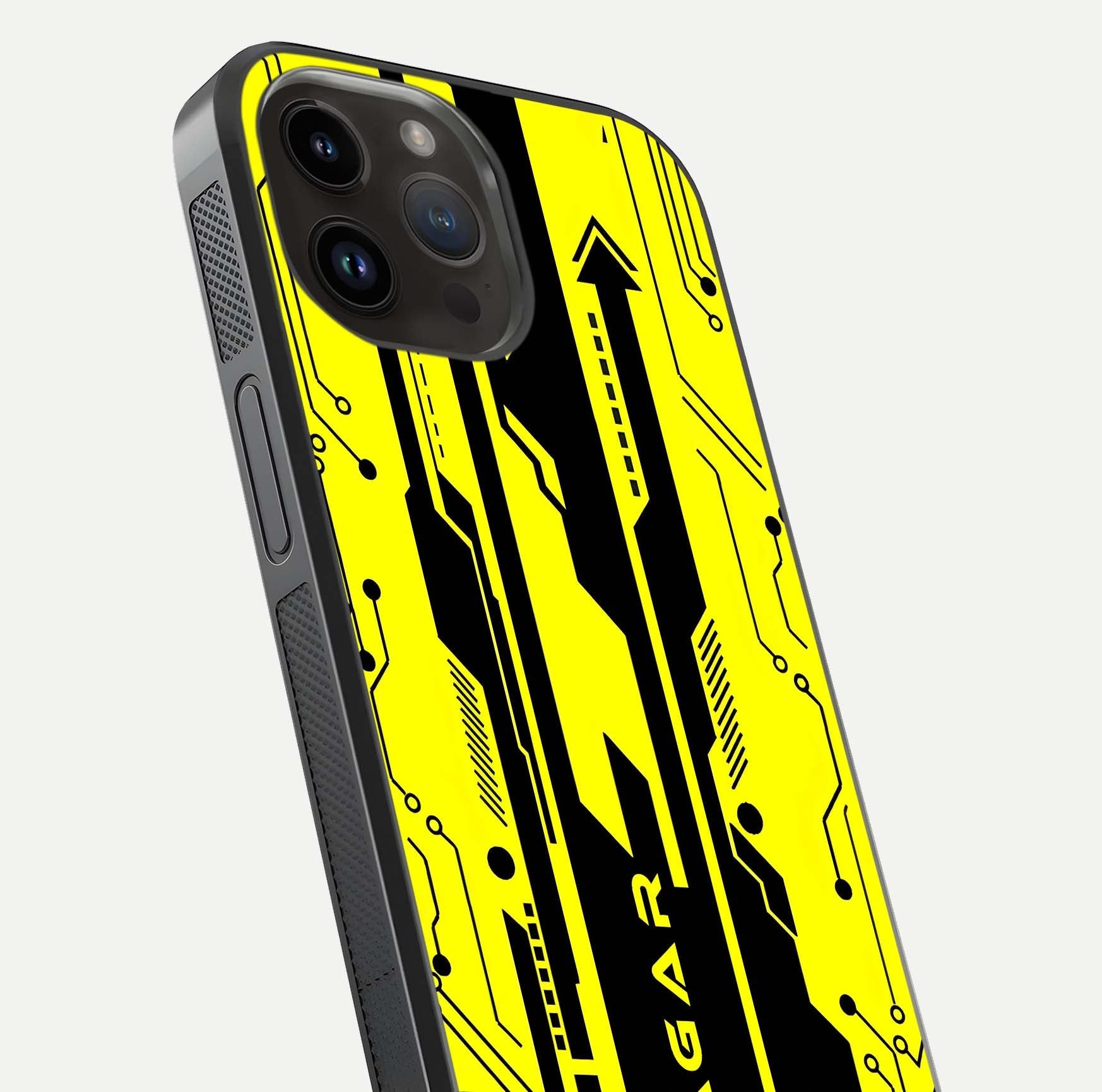 Electric Pulse CYBERPUNK Custom Name Glass Case for iPhone 14 Pro Max close-up highlighting tech pattern, lighting effect, and reflection shine