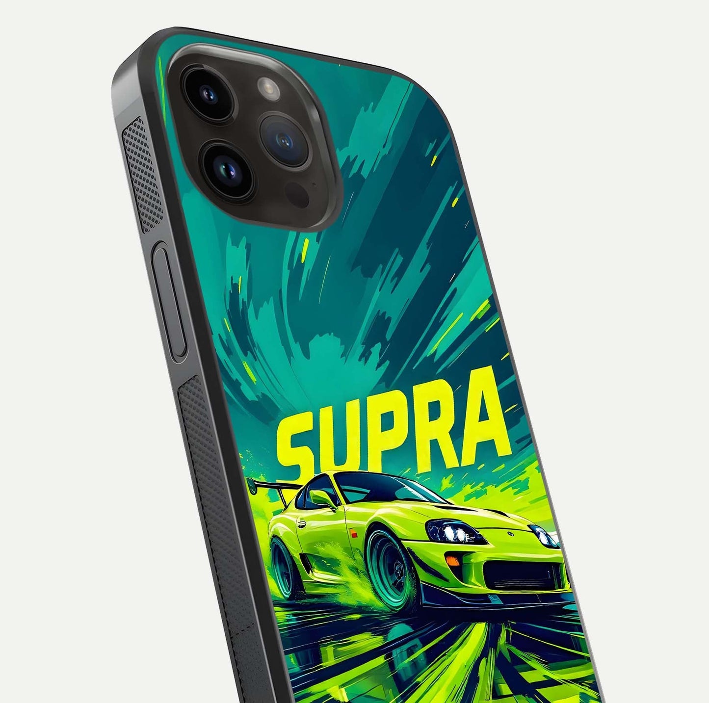Electric Supra Thunder Glass Case for iPhone 14 Pro Max close-up highlighting car reflection, neon tones, and gloss polish