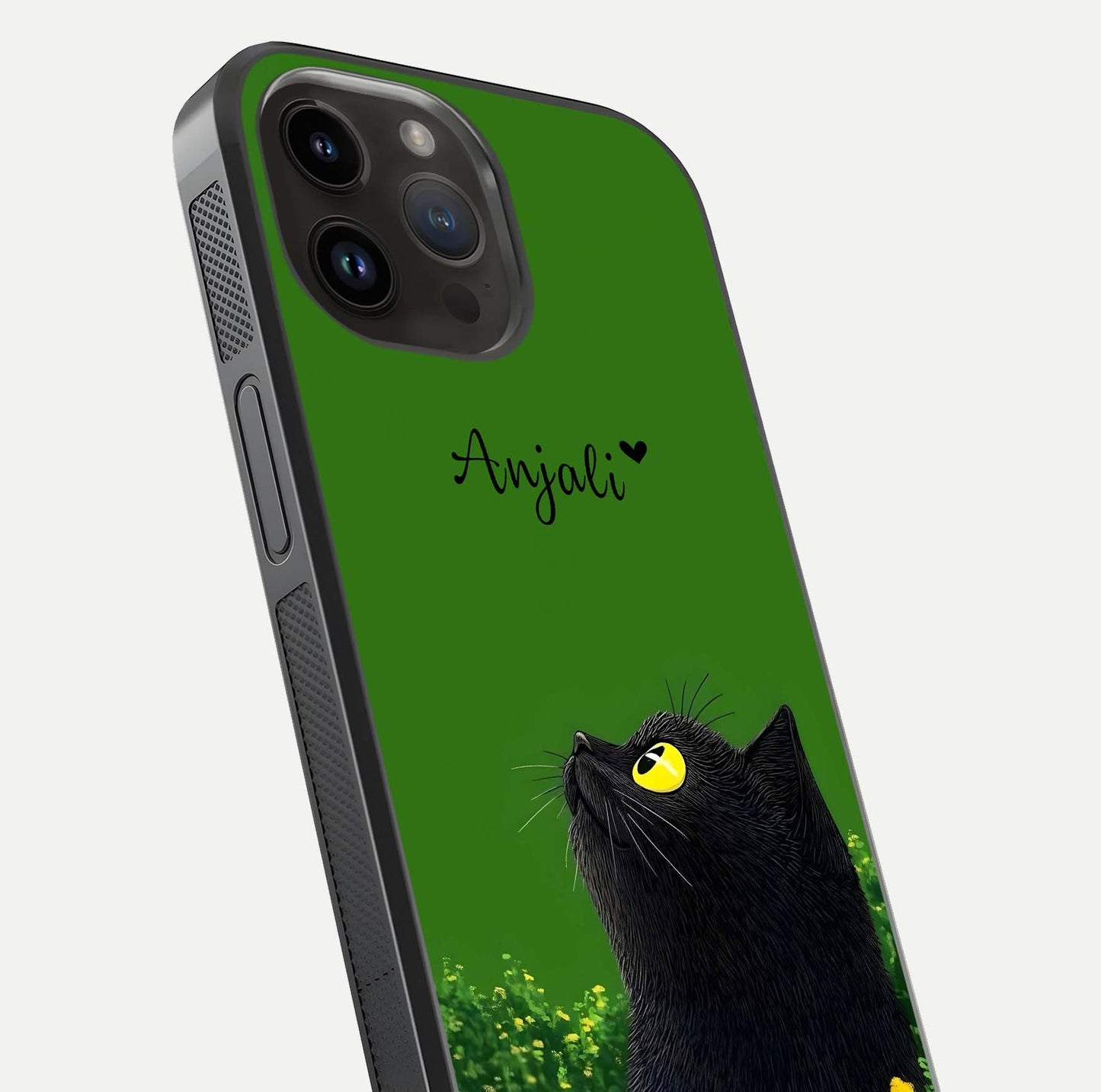 Emerald Cat Custom Name Glass Case for iPhone 14 Pro Max close-up highlighting feline detail, emerald hues, and reflection polish