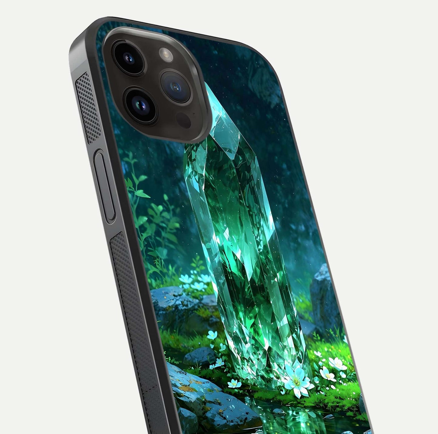 Emerald Light Crystal Glass Case for iPhone 14 Pro Max close-up highlighting crystal texture and reflection glow