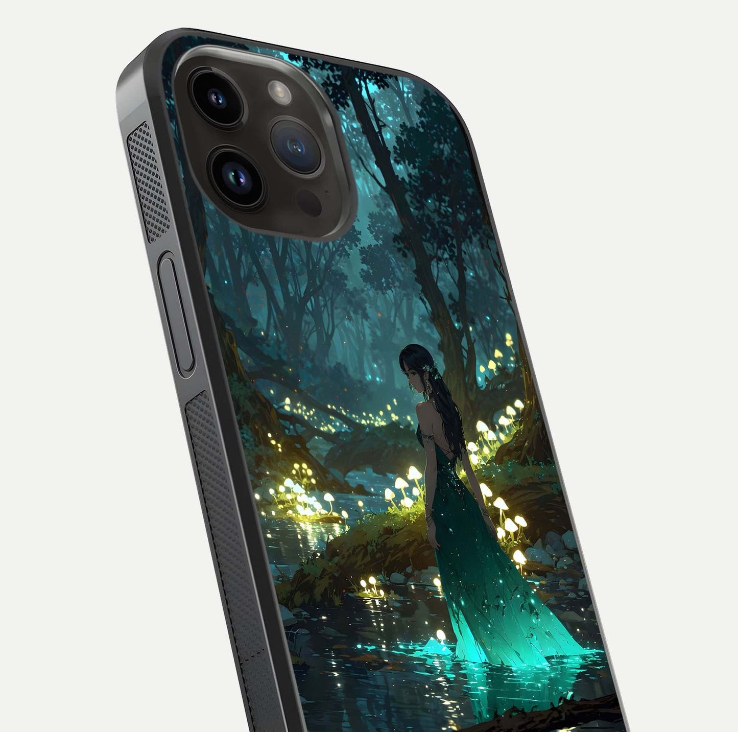 Enchanted Forest Glow Glass Case for iPhone 14 Pro Max close-up highlighting trees, lights, and reflection texture