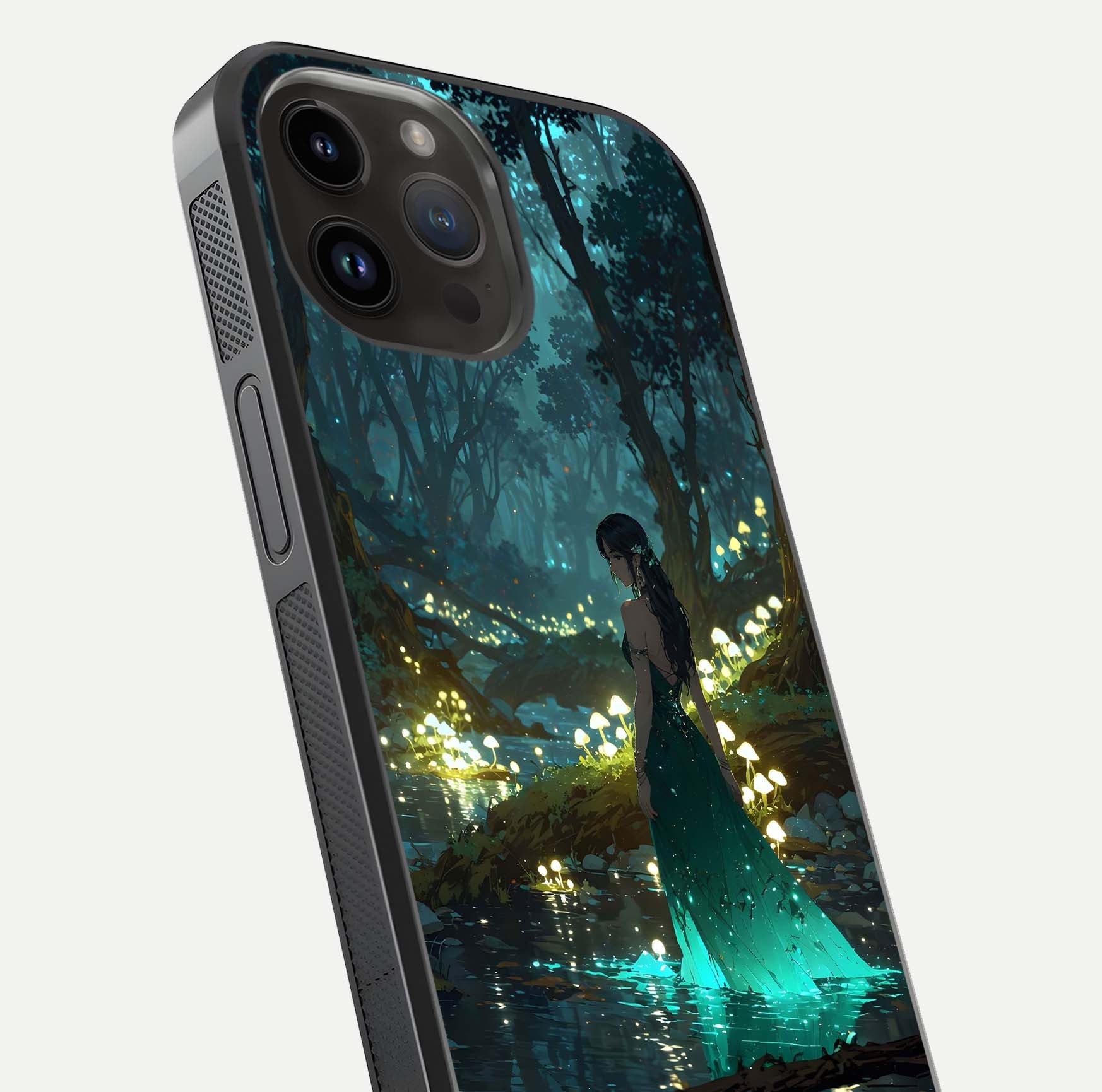 Enchanted Forest Glow Glass Case for iPhone 14 Pro Max close-up highlighting trees, lights, and reflection texture