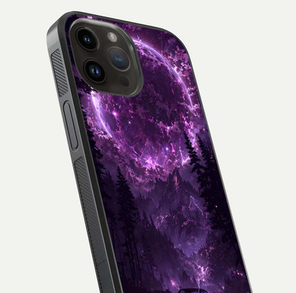Eternal Cosmic Drive Glass Case for iPhone 14 Pro Max close-up highlighting cosmic lights and reflection depth