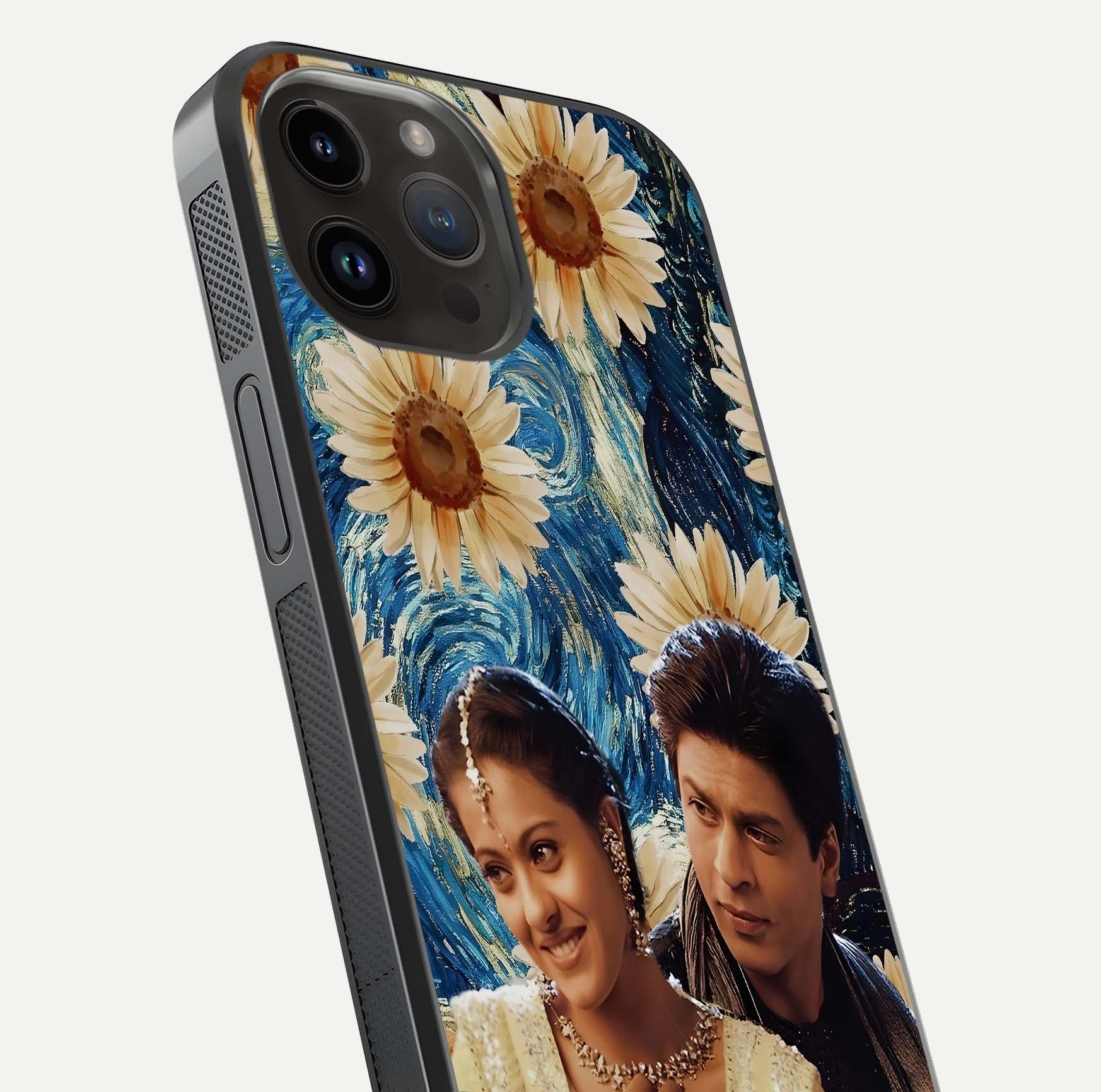 Eternal Love Story Glass Case for iPhone 14 Pro Max close-up highlighting couple detail and light reflection