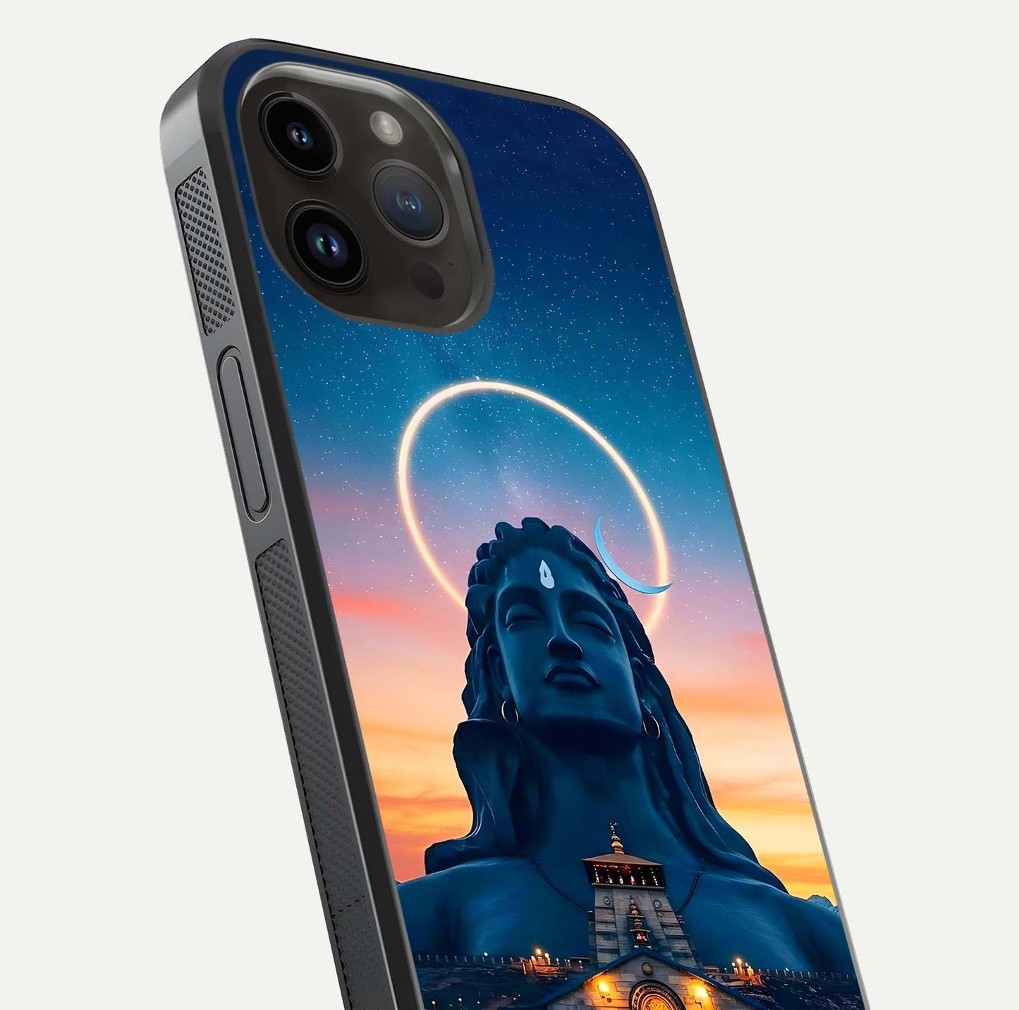 Eternal Shiva Aura Glass Case for iPhone 14 Pro Max close-up highlighting divine detailing and reflection light