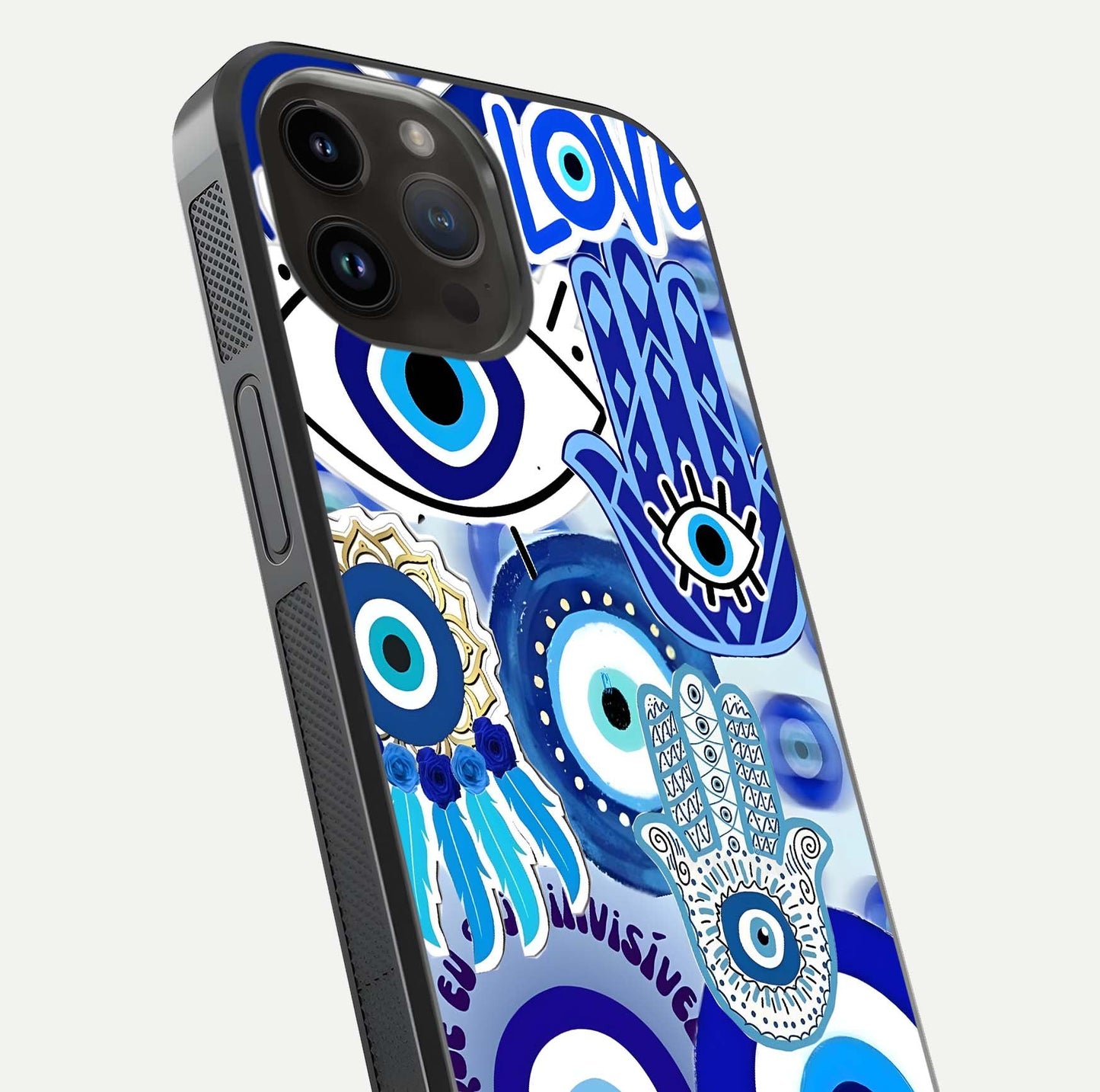 Evil Eyes Dream Glass Case for iPhone 14 Pro Max close-up highlighting evil-eye charm detail and light reflection on glass