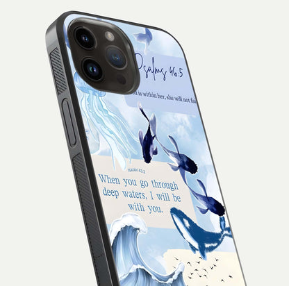 Faithful Ocean Promise Glass Case for iPhone 14 Pro Max close-up highlighting water reflection and serene blue tones