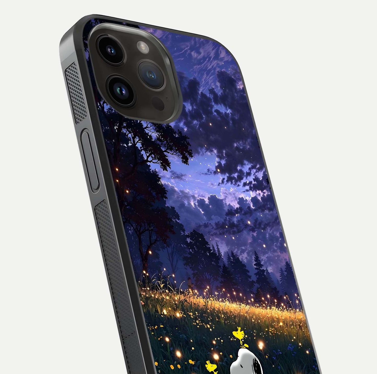 Firefly Meadow Magic Glass Case for iPhone 14 Pro Max close-up highlighting luminous firefly light and reflection detail
