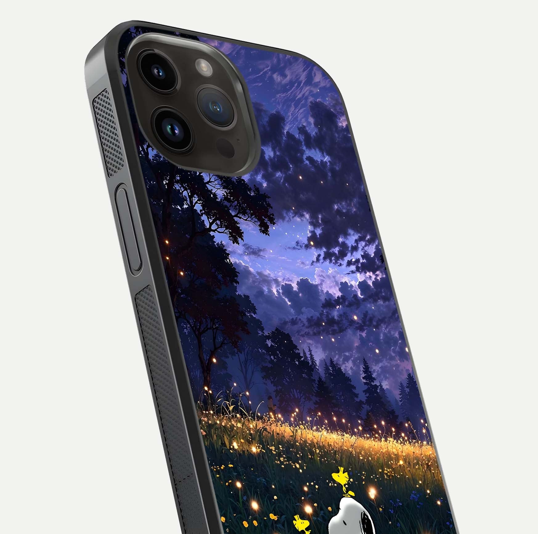 Firefly Meadow Magic Glass Case for iPhone 14 Pro Max close-up highlighting luminous firefly light and reflection detail