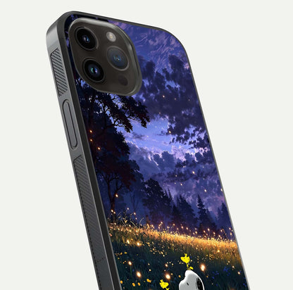 Firefly Meadow Magic Glass Case for iPhone 14 Pro Max close-up highlighting luminous firefly light and reflection detail