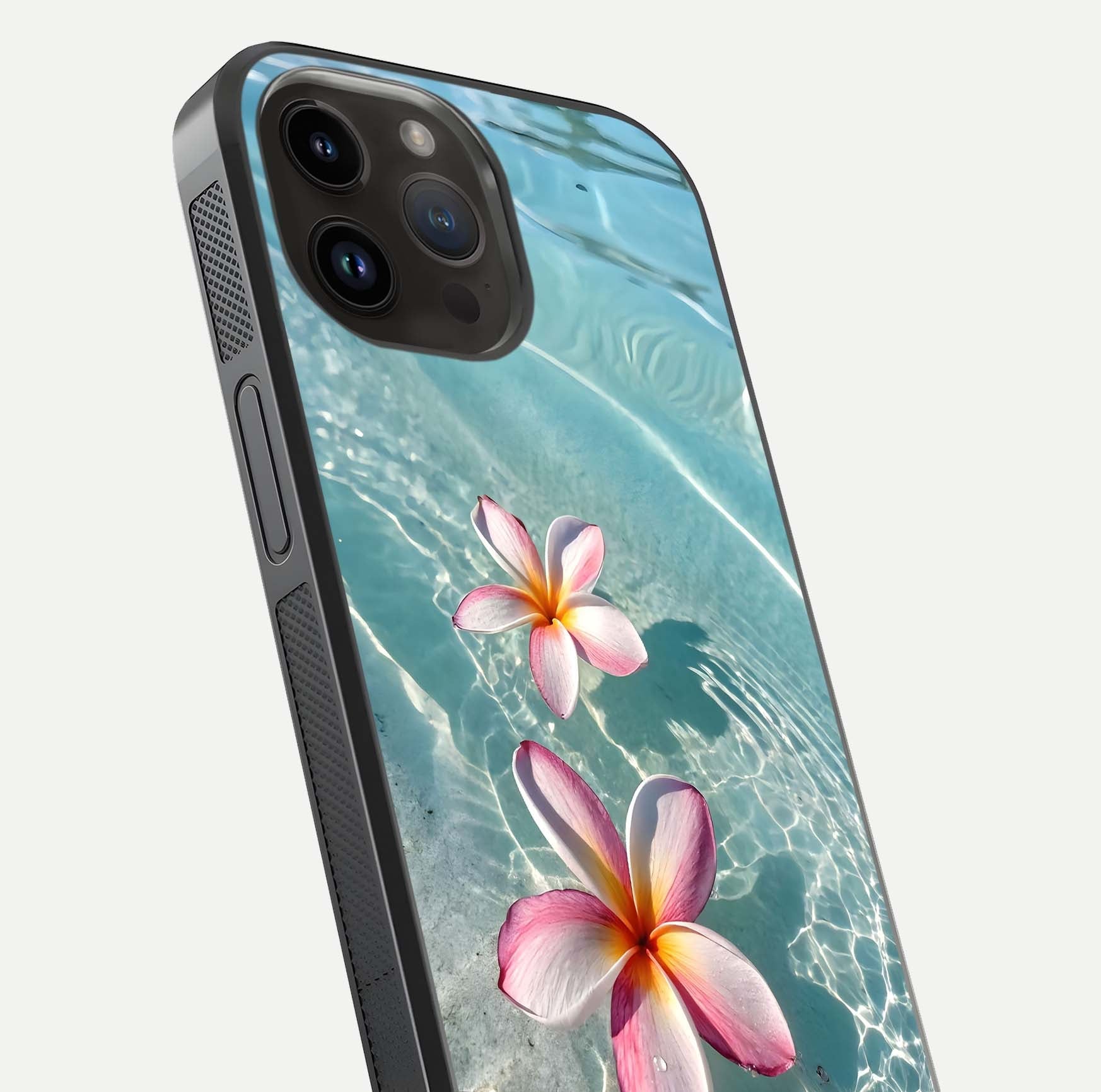 Floating Bloom Bliss Glass Case for iPhone 14 Pro Max close-up highlighting petal detail and reflection tone