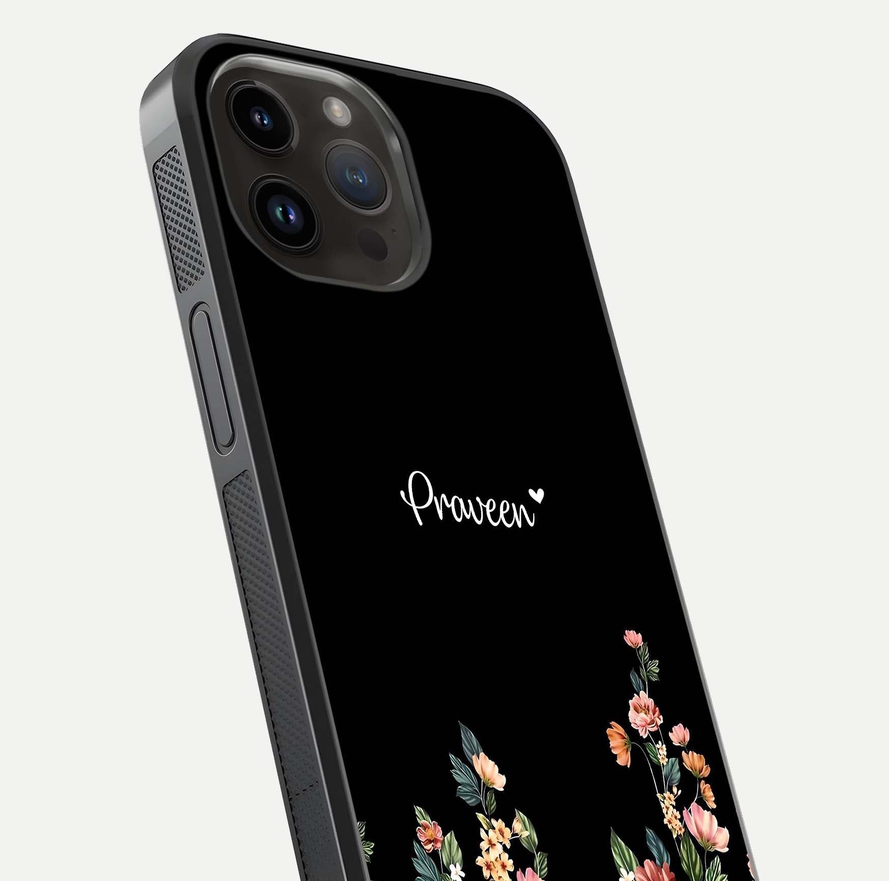 Floral Design Personalized Custom Name Glass Case for iPhone 14 Pro Max close-up highlighting name clarity, petals, and gloss