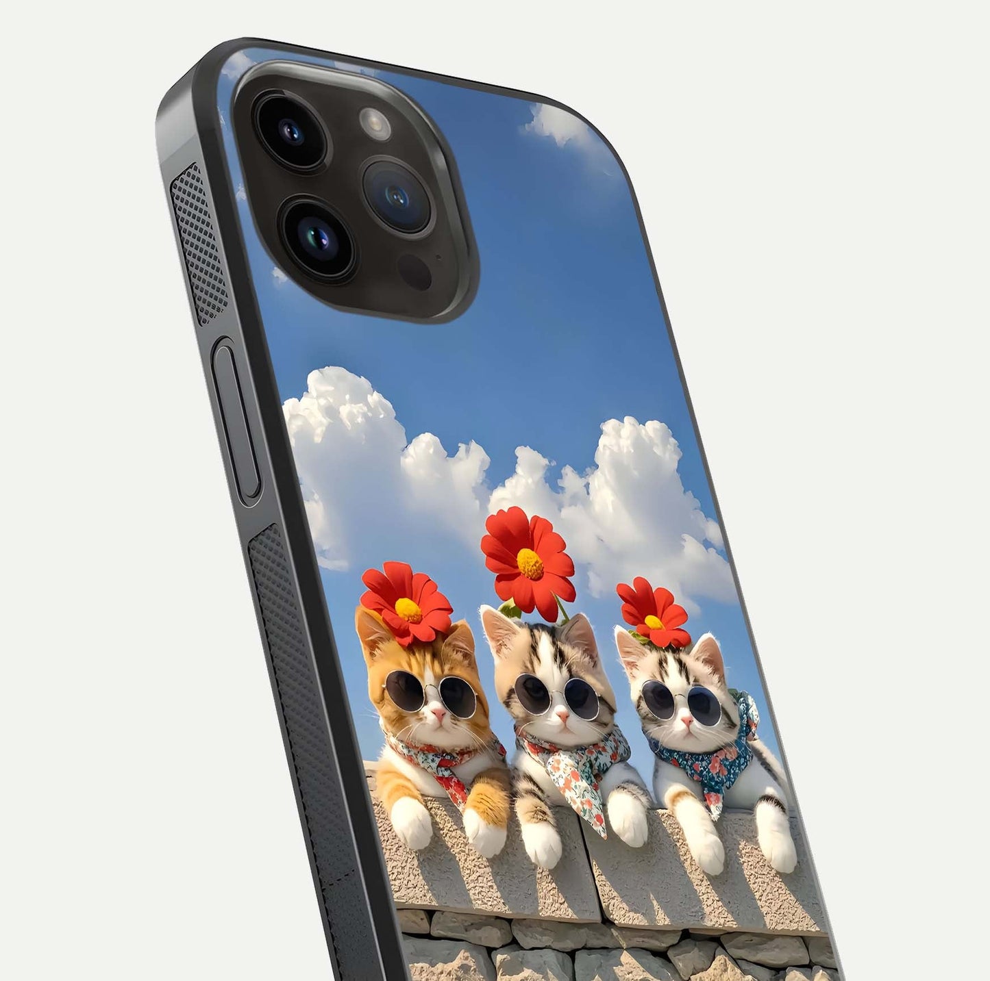 Floral Kitty Squad Glass Case for iPhone 14 Pro Max close-up highlighting cat detail and flower patterns with HD shine