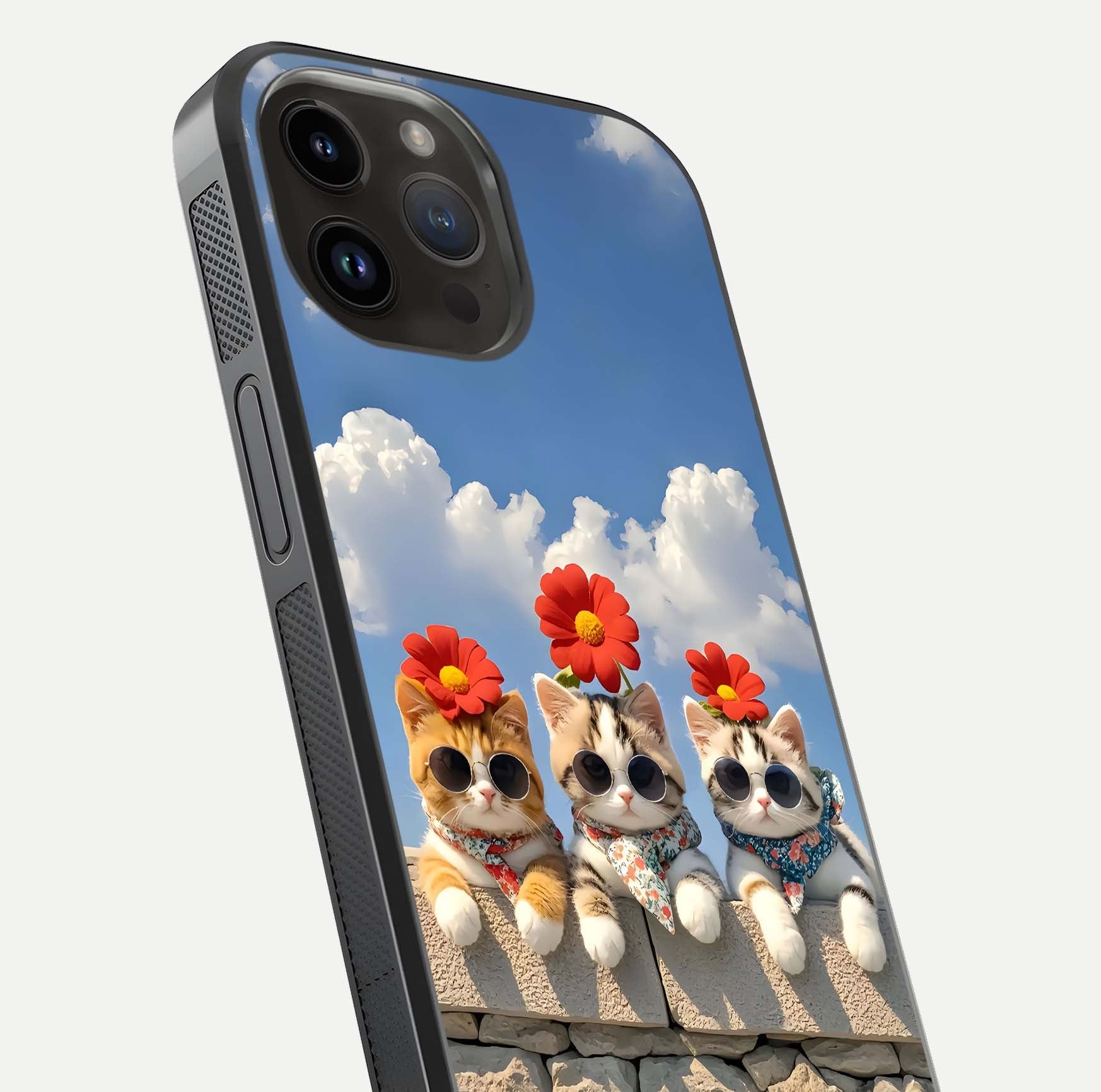 Floral Kitty Squad Glass Case for iPhone 14 Pro Max close-up highlighting cat detail and flower patterns with HD shine