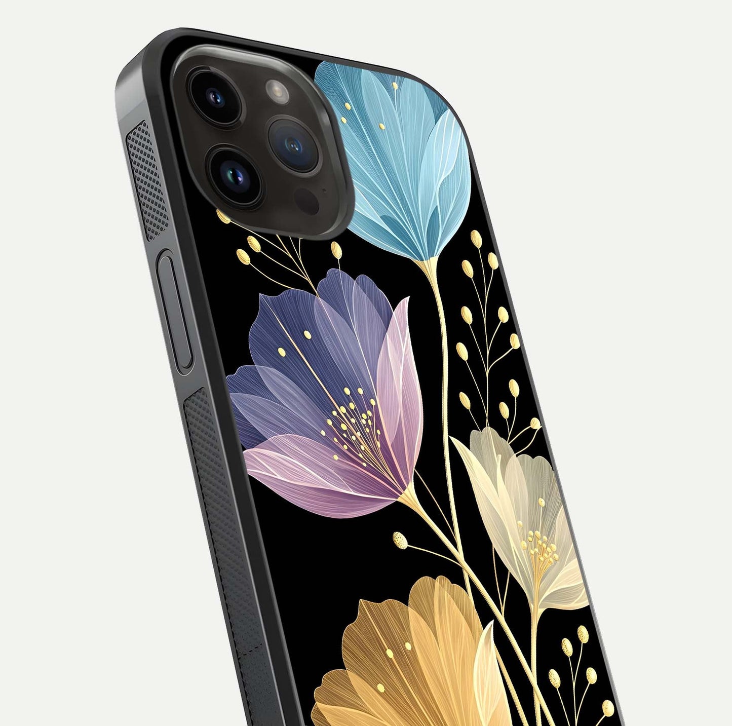 Flower Bloom Glow Glass Case for iPhone 14 Pro Max close-up highlighting bloom detail and reflection polish