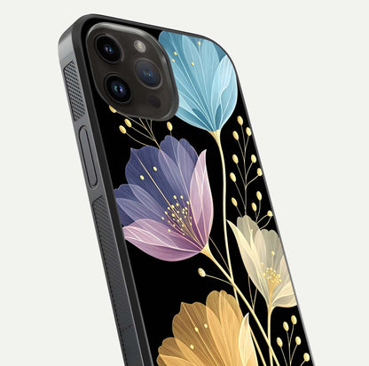 Flower Bloom Glow Glass Case for iPhone 14 Pro Max close-up highlighting bloom detail and reflection polish