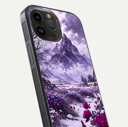 Flower Mountain View Glass Case for iPhone 14 Pro Max close-up highlighting petal details and sky reflection