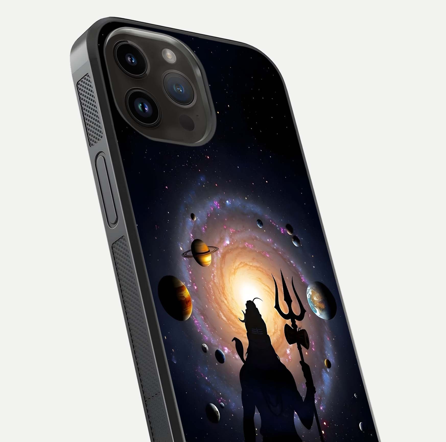 Galactic Shiva Vision Glass Case for iPhone 14 Pro Max close-up angled shot highlighting divine aura, trident details, and reflection shine
