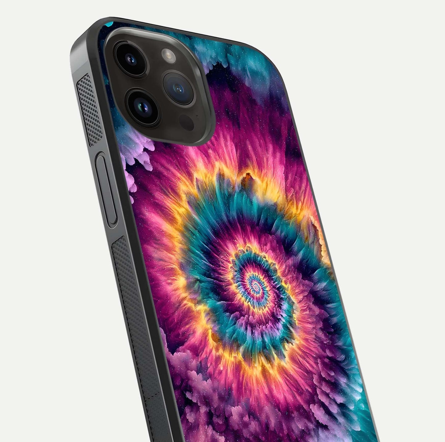 Galactic Spiral Burst Glass Case for iPhone 14 Pro Max close-up angled shot showing spiral burst detail, neon tones, and glossy reflection