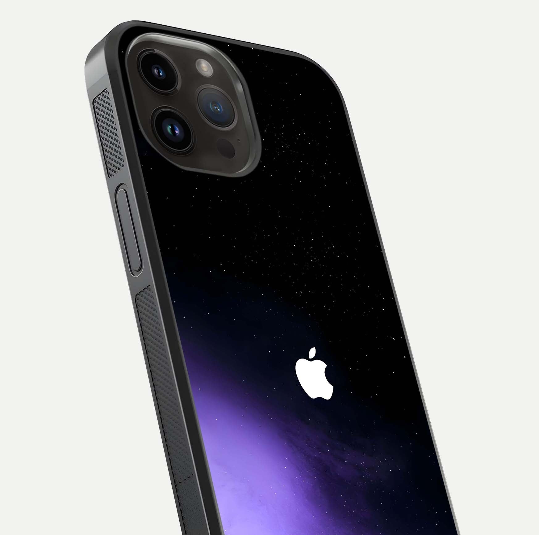 Galaxy Apple Aura Glass Case for iPhone 14 Pro Max close-up angled shot showing aura lighting and reflection polish
