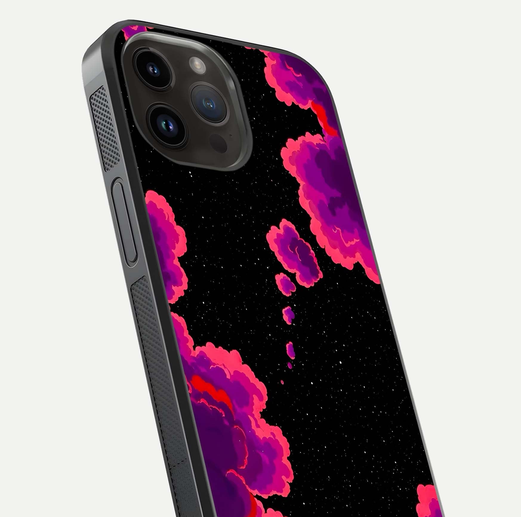 Galaxy Dream Frame Glass Case for iPhone 14 Pro Max close-up angled shot showing nebula patterns and reflection glow