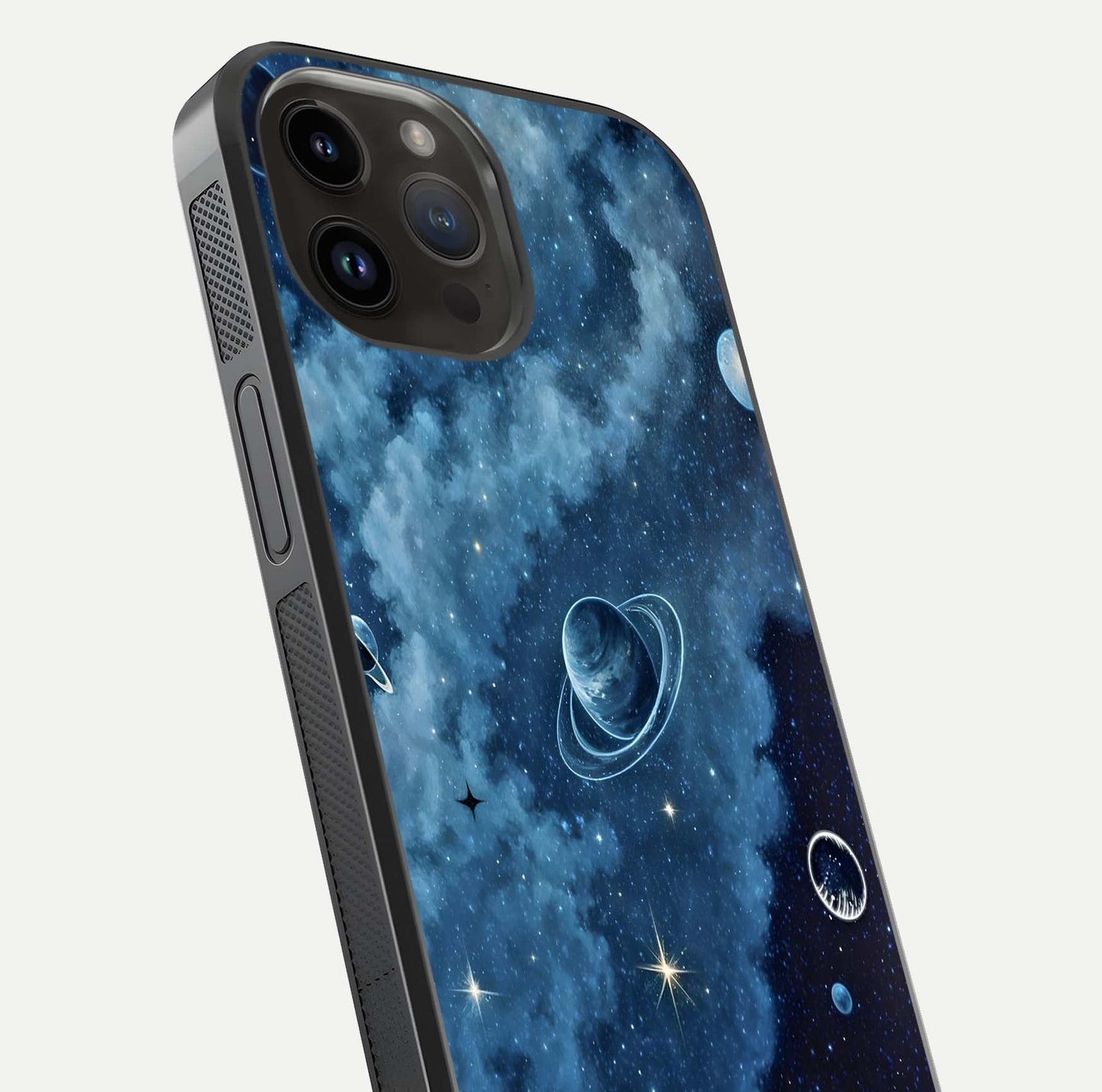 Galaxy Dream Space Glass Case for iPhone 14 Pro Max close-up angled shot highlighting nebula details and reflection shine