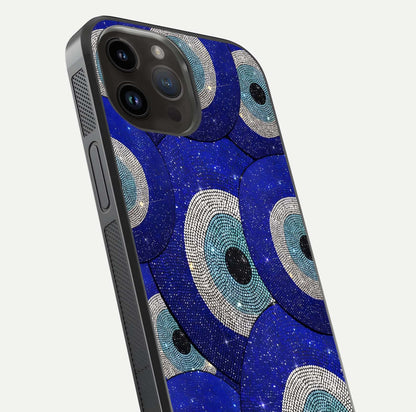 Galaxy Eye Flow Glass Case for iPhone 14 Pro Max close-up angled shot showing vivid swirl detail and reflection brightness