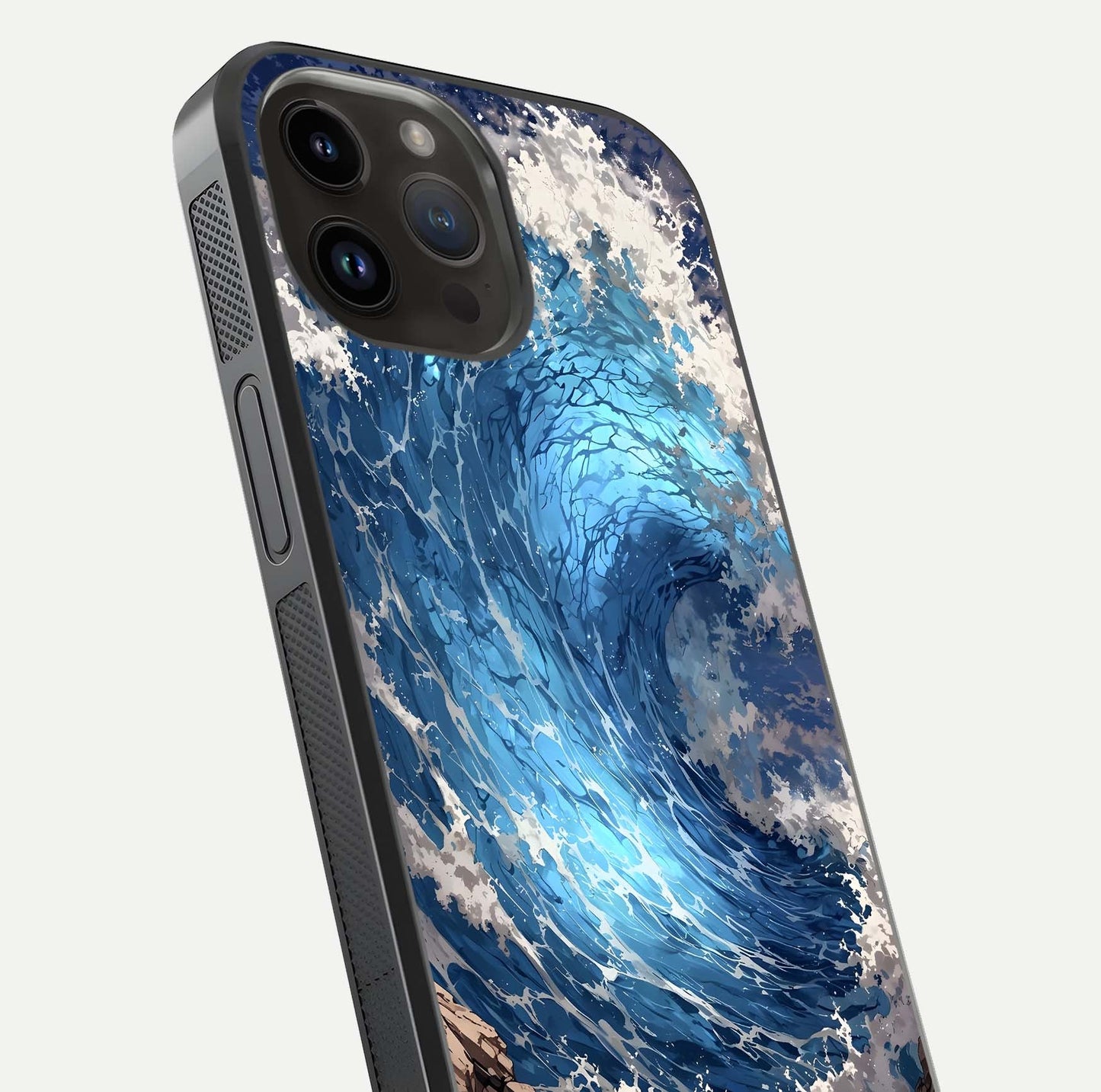 Giant Ocean Wave Glass Case for iPhone 14 Pro Max close-up angled shot showing wave texture and water reflection shine