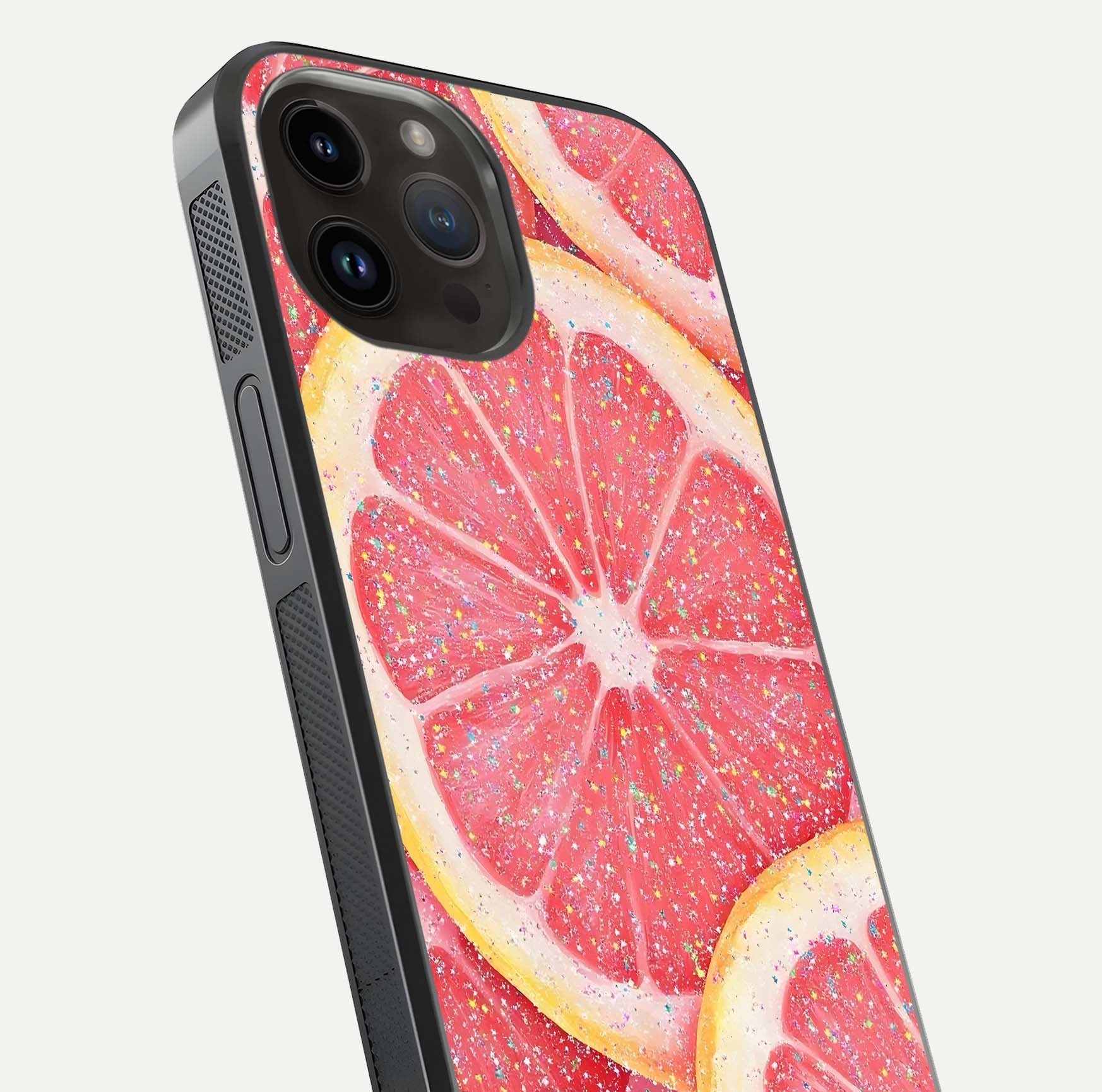 Glitter Grapefruit Glass Case for iPhone 14 Pro Max close-up angled shot showing fruit texture and glitter reflection