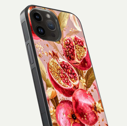 Golden Bloom Glow Glass Case for iPhone 14 Pro Max close-up angled shot showing metallic tones and reflection brilliance