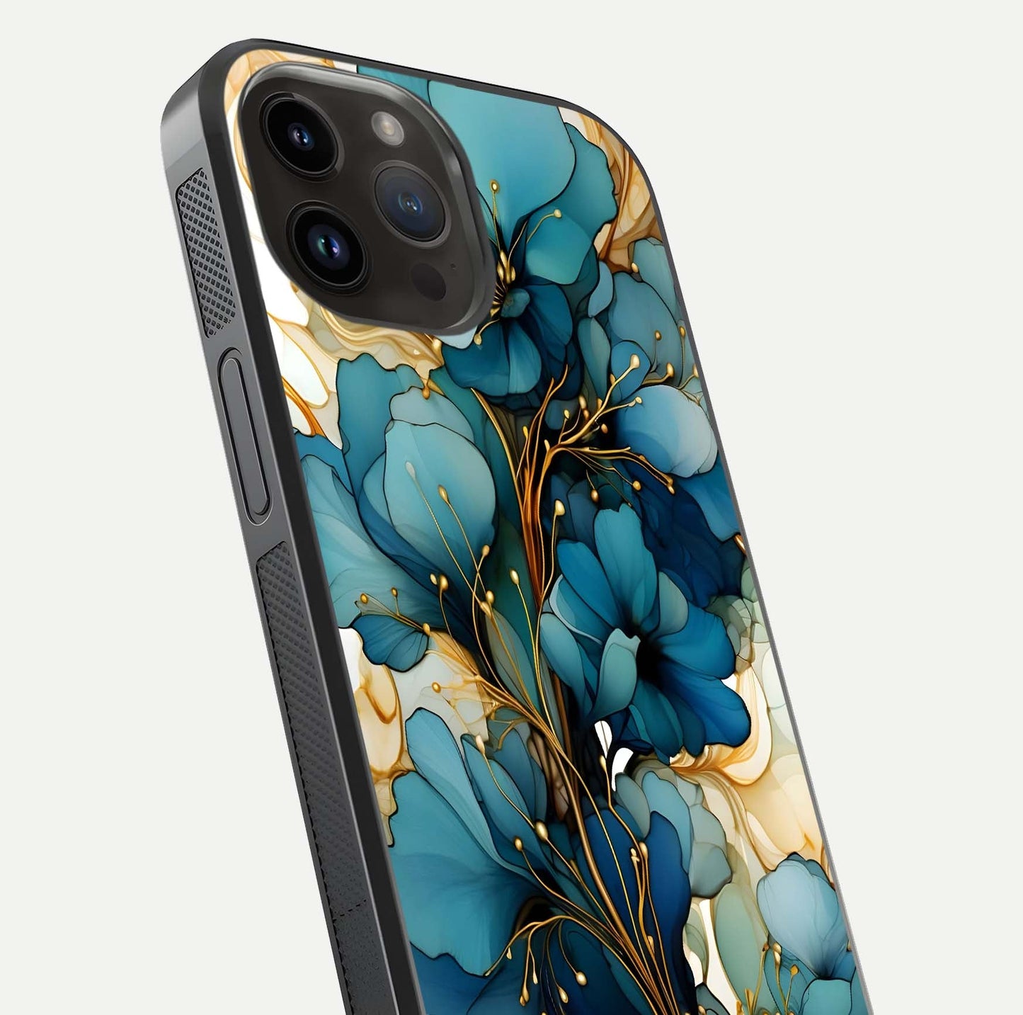 Golden Bloom Symphony Glass Case for iPhone 14 Pro Max close-up angled shot showing detailed petals and metallic gold reflection