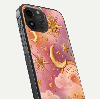 Golden Celestial Dreams Glass Case for iPhone 14 Pro Max close-up angled shot showing cosmic gold tones and reflection shine