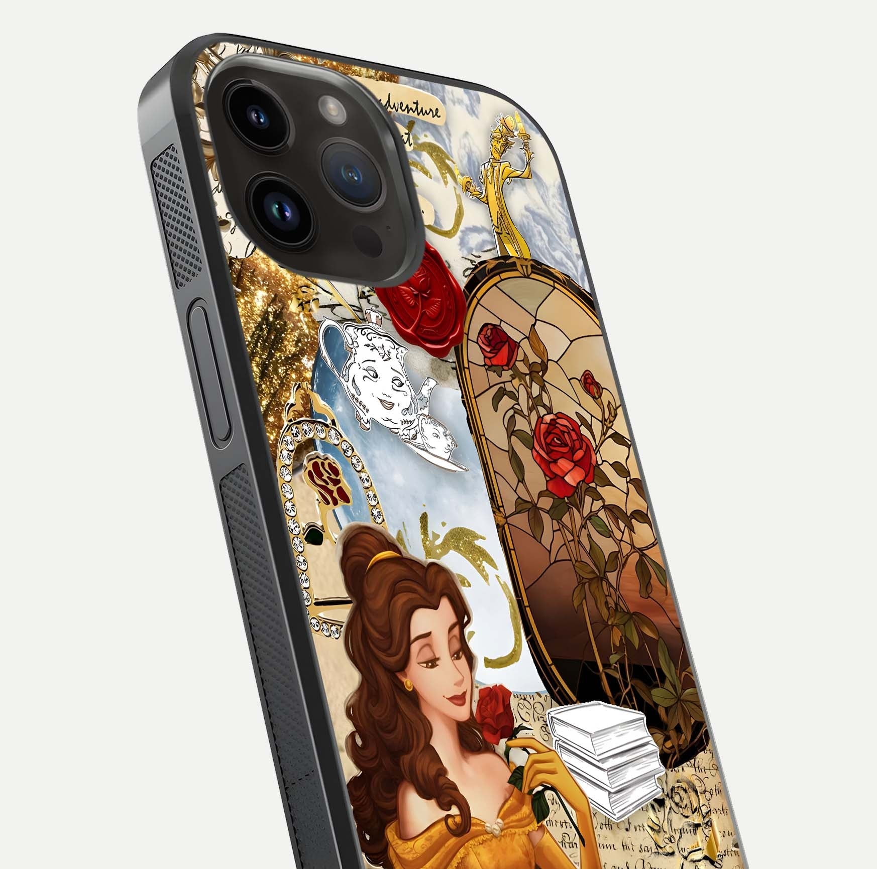 Golden Dream Belle Glass Case for iPhone 14 Pro Max close-up angled shot showing gradient tones and reflection polish