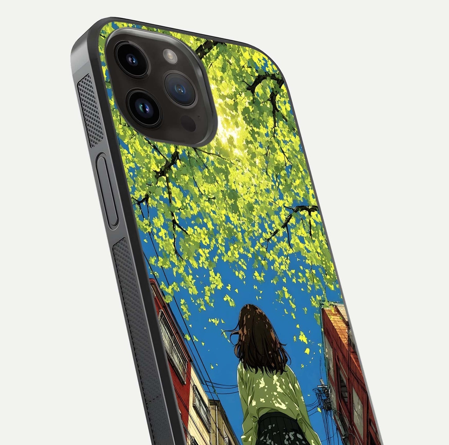 Golden Leaves Glow Glass Case for iPhone 14 Pro Max close-up angled shot showing fine leaf texture and reflection shine
