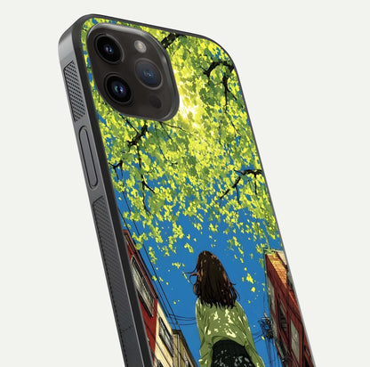 Golden Leaves Glow Glass Case for iPhone 14 Pro Max close-up angled shot showing fine leaf texture and reflection shine