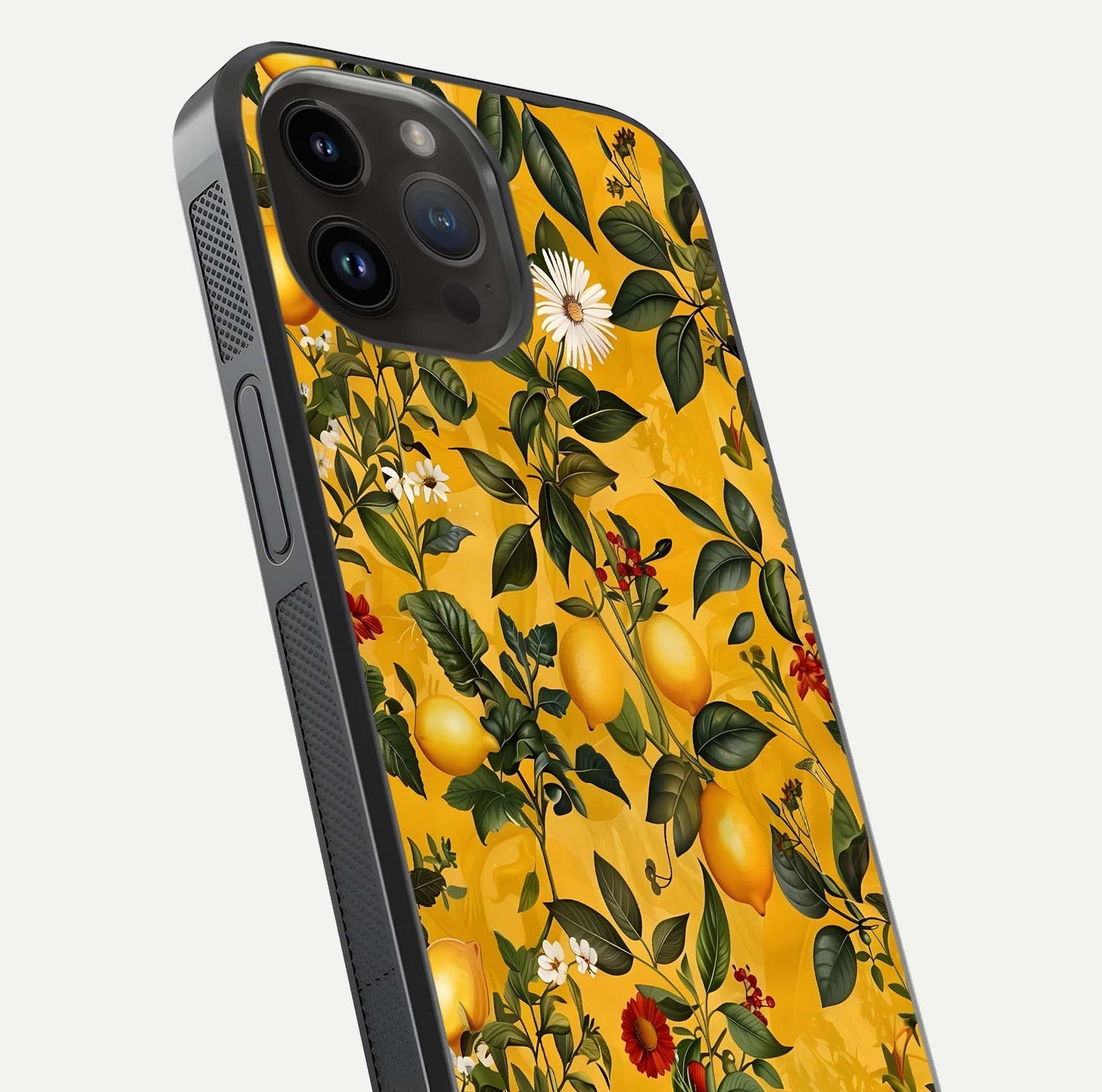 Golden Lemon Field Glass Case for iPhone 14 Pro Max close-up angled shot showing citrus texture and reflection brilliance