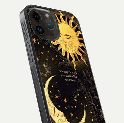 Golden Lunar Love Glass Case for iPhone 14 Pro Max close-up angled shot showing moon glow, texture, and reflection polish