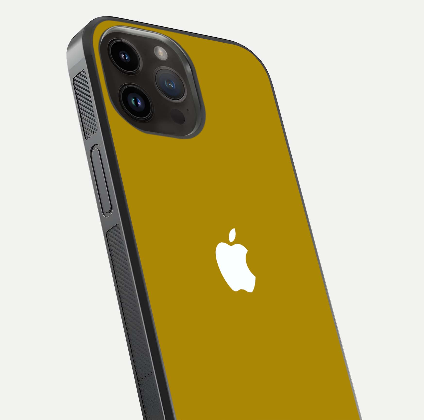 Golden Luxe Aura Glass Case for iPhone 14 Pro Max close-up angled shot showing metallic shine and light reflection