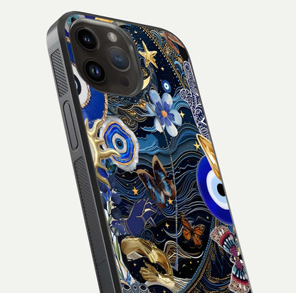 Golden Moon Magic Glass Case for iPhone 14 Pro Max close-up angled shot showing lunar glow, star detail, and reflection brightness